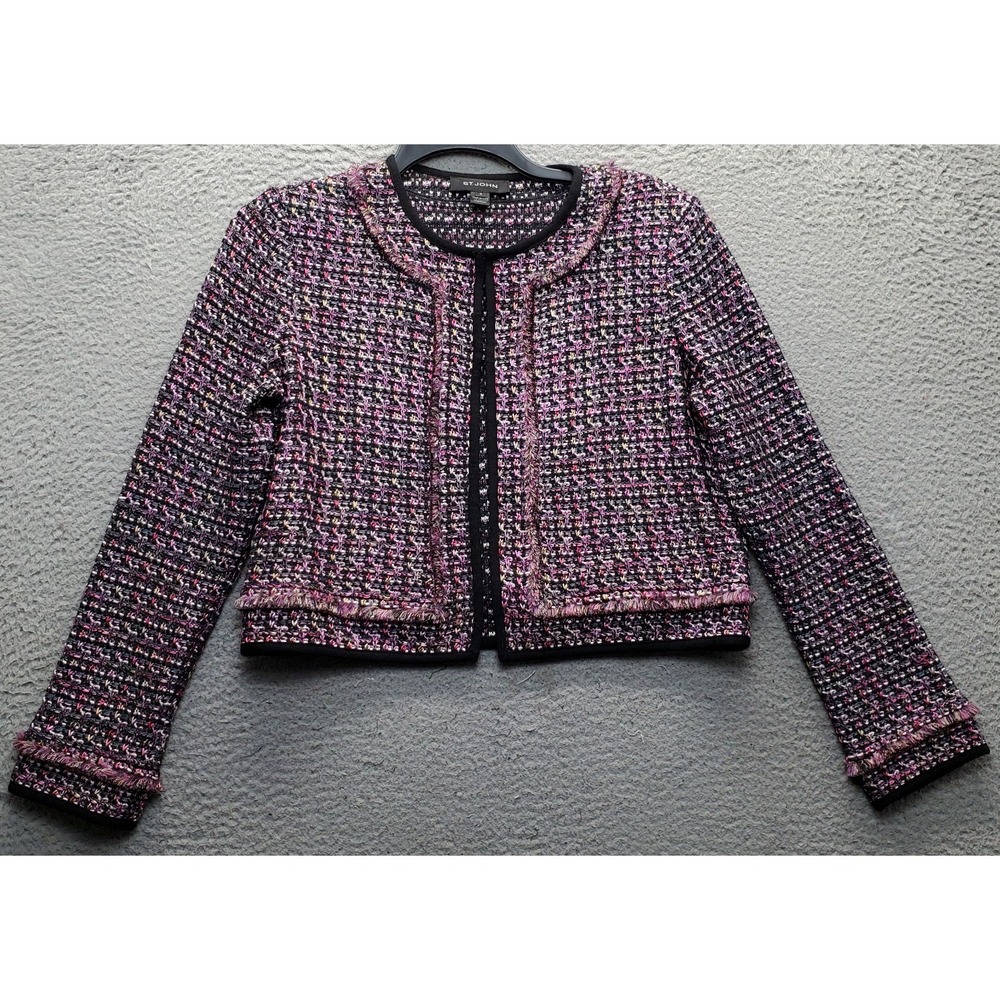 St. John Crop Blazer Jacket Womens 10 Multi Tweed Wool-Blend Long Sleeve EUC
